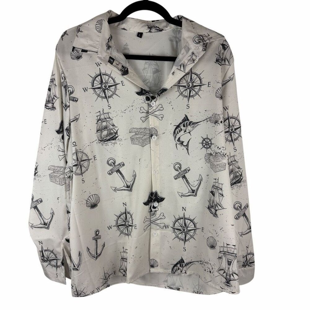 NWT Boutique nautical and skull button up blouse- size L